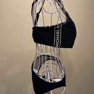 Michael Kors Black bathing suit side strap Logo MK 2 piece Lg Top, Sm MK bottoms